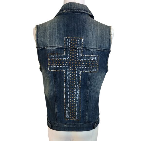 Sapphire Ink Blue Denim Cross Studded distressed Vintage Jean Vest Size S. - Picture 1 of 7